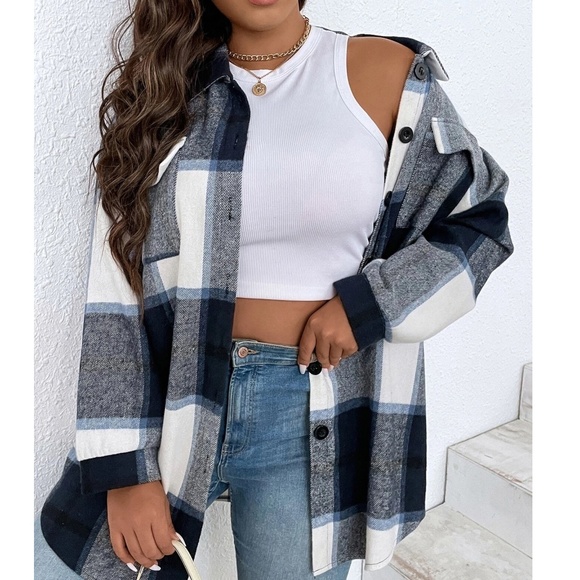 Plus Plaid Print Button Down jacket Shacket - Picture 5 of 10